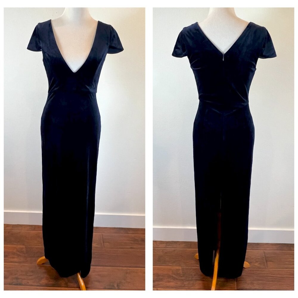 Lulus Feeling Flawless Navy Blue Velvet V-Neck Cap Sleeve Maxi Dress sz Small - Picture 2 of 3